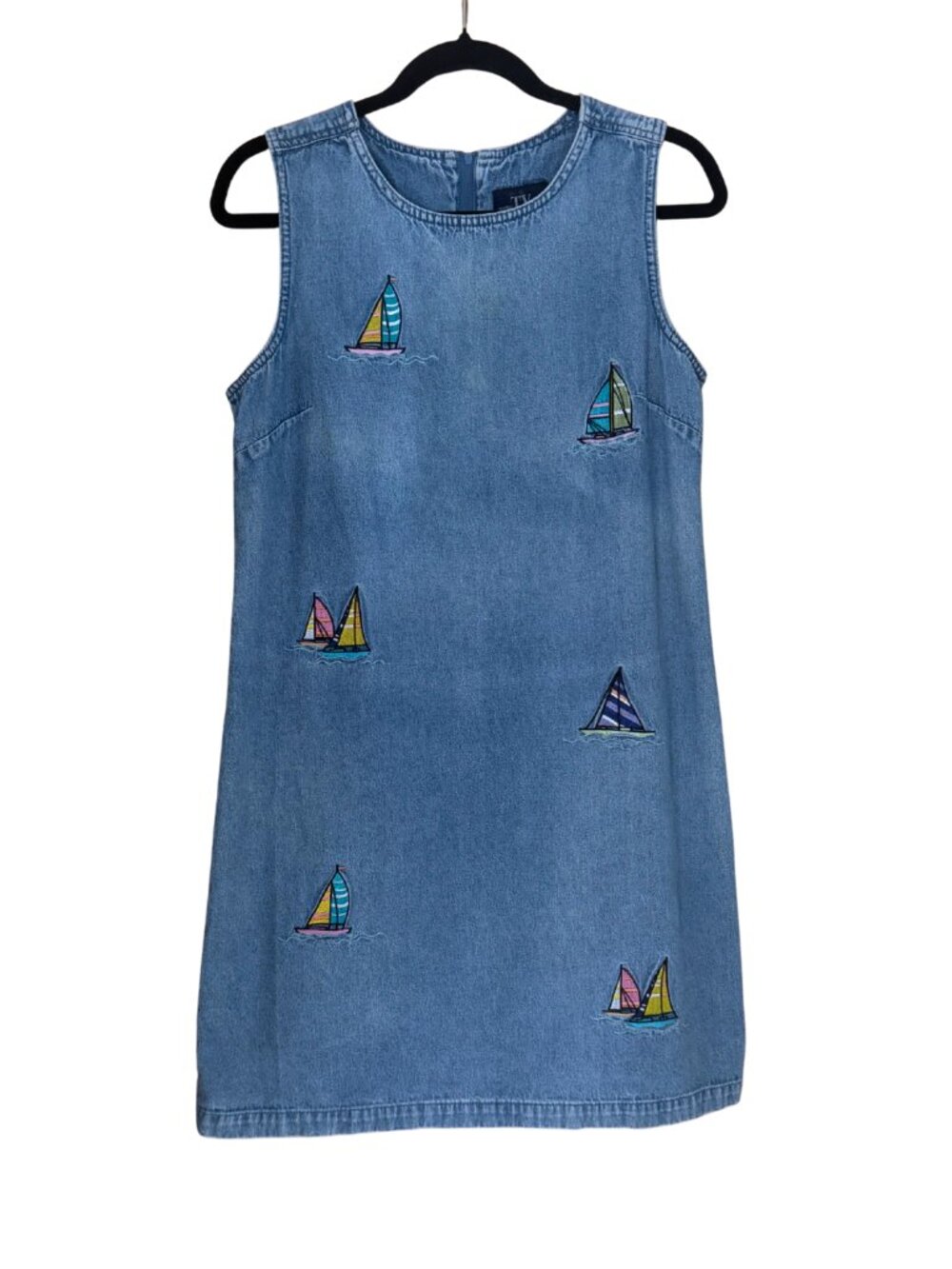 Vintage TY Wear Denim Sailboat Embroidered Shift Dress Coastal Nautical Size 10 - Picture 2 of 8